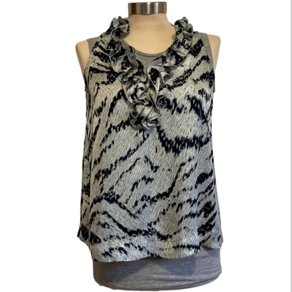 Jones New York Blue Gray Animal Print Ruffle Neck Tank Top Size Small Petite - Picture 1 of 8